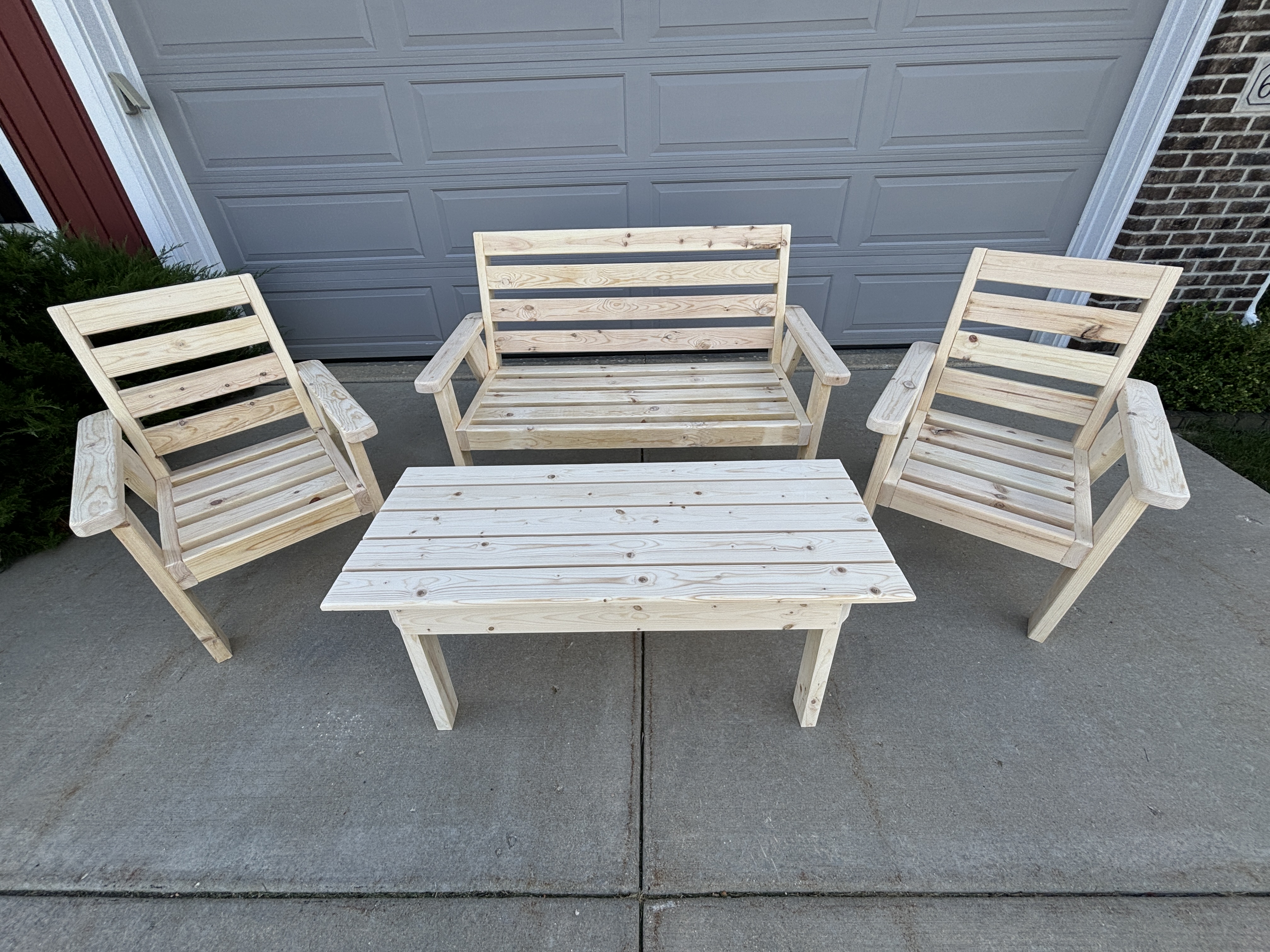 Made from pine and ready for you to add the finish of your choice. Super sturdy and will last year. Takes 9-10 days to complete and cost only $325.